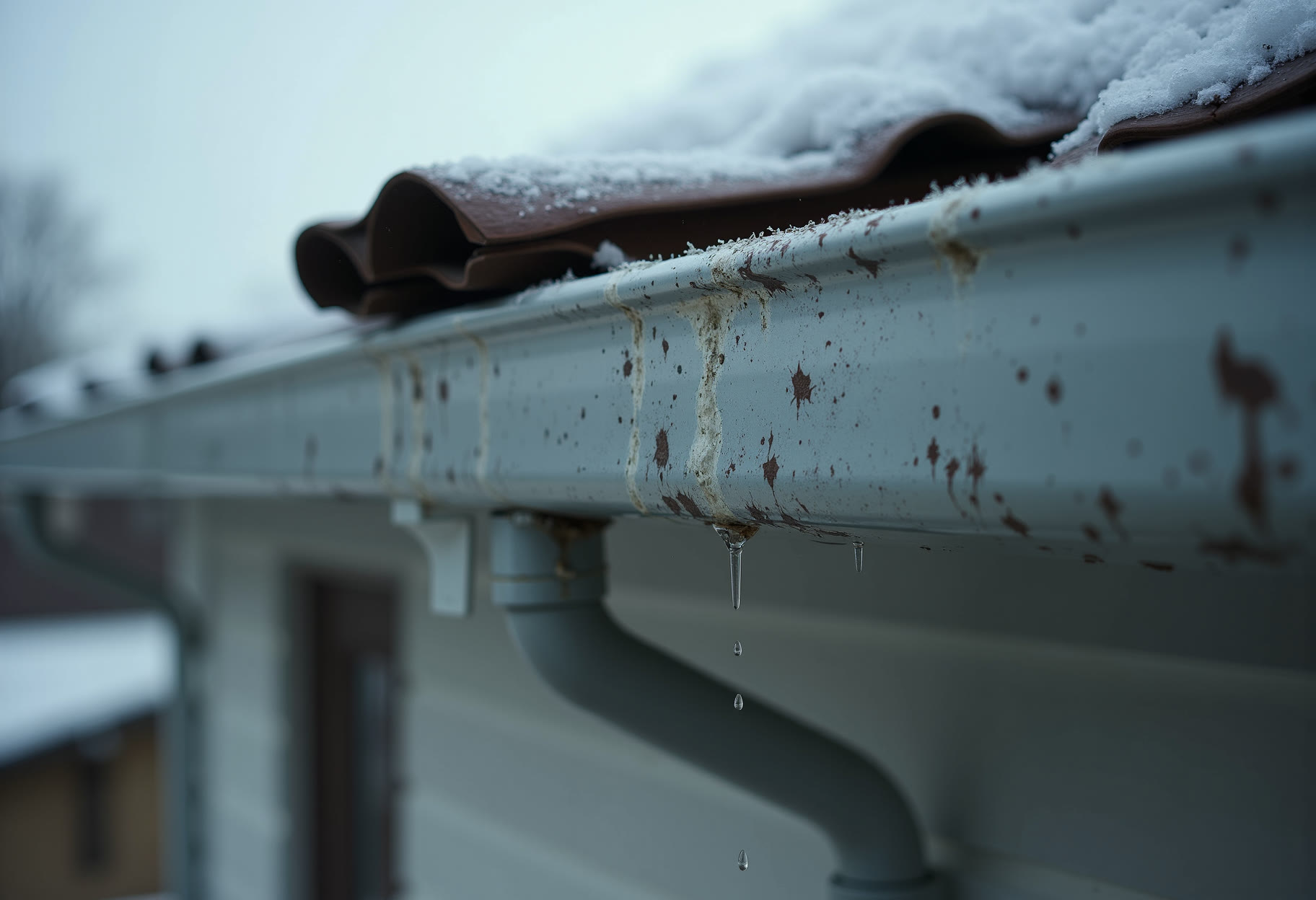 Dented gutter run, north elevation